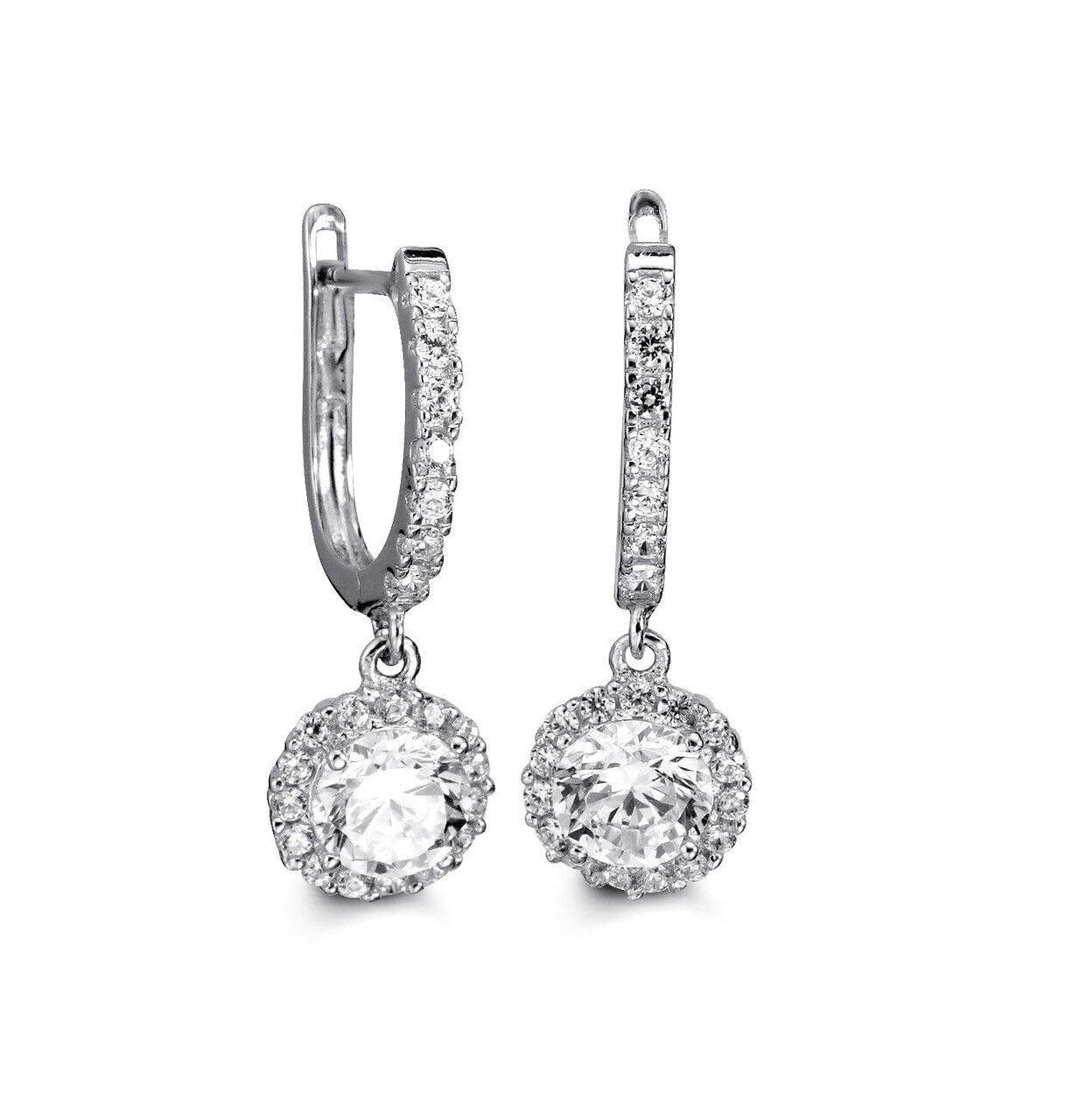 Halo C.Z. 4 Prongs White Gold Lux Drop Earrings