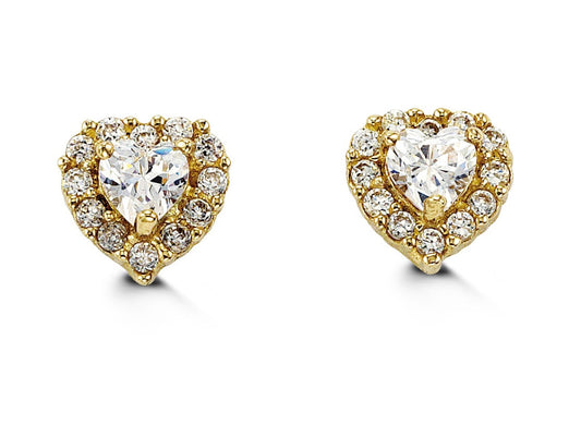 Baby White Heart Halo Studs in 14k Yellow Gold