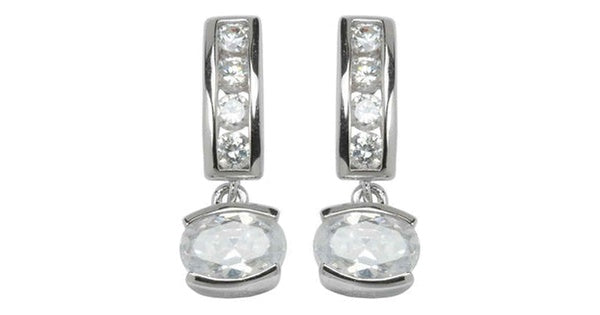 Sterling Silver Rhodium Plated Oval Drop Cubic Zirconia Earring. Stone size: 7x5(mm)