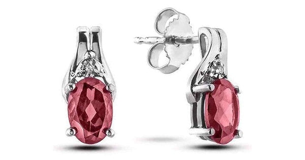 June Birthstone 0.02TW Diamond 10K White Gold Earrings - Rhodolite