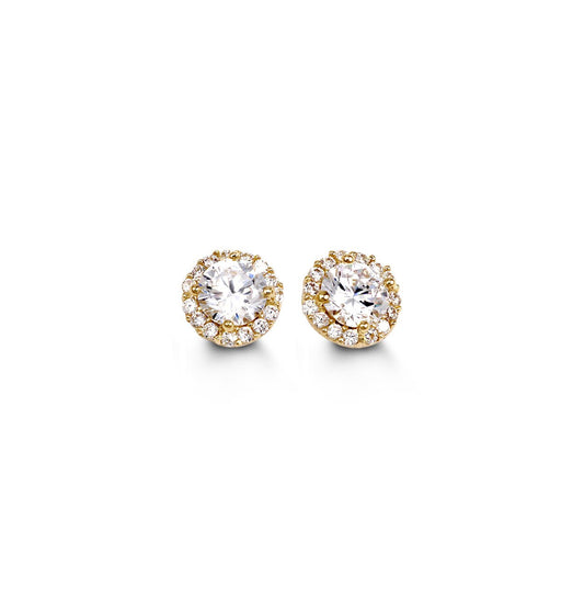 7.5mm CZ Halo Pave Yellow Gold Studs