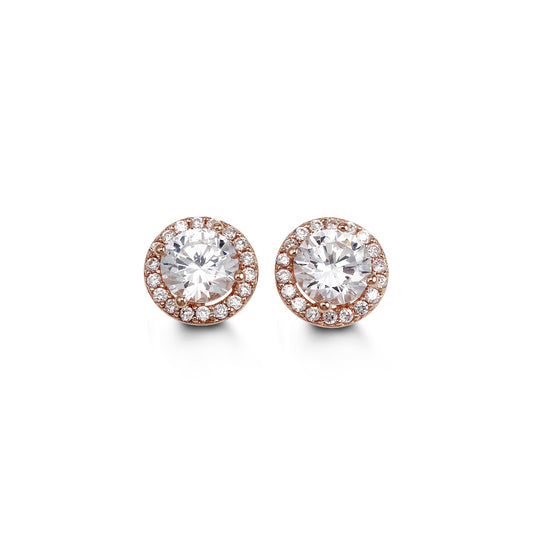 9mm CZ Halo Pave Rose Gold Studs