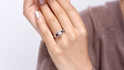 Gabriel & Co-14k White Gold Round Five Stone Sapphire And Diamond Engagement Ring - 0.09 ct