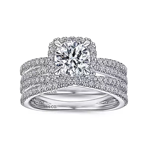Gabriel & Co-14k White Gold Cushion Halo Round Diamond Engagement Ring - 0.39 ct
