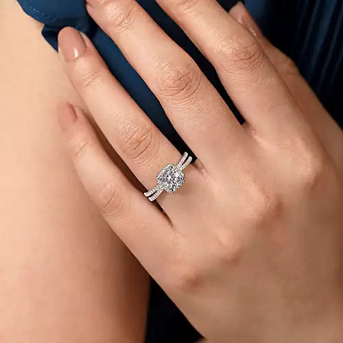 Gabriel & Co-14k White Gold Cushion Halo Round Diamond Engagement Ring - 0.39 ct