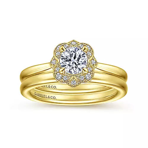 Gabriel & Co-14k Yellow Gold Floral Halo Round Diamond Engagement Ring - 0.07 ct