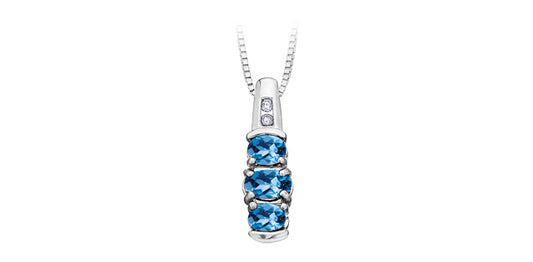 Blue Topaz Past-Present-Future Diamond Pendant in White Gold