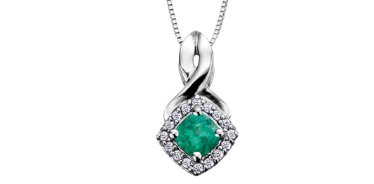 Cushion Cut Emerald Diamond Halo Pendant in White Gold