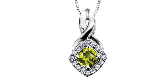 Cushion Cut Peridot Diamond Halo Pendant in White Gold