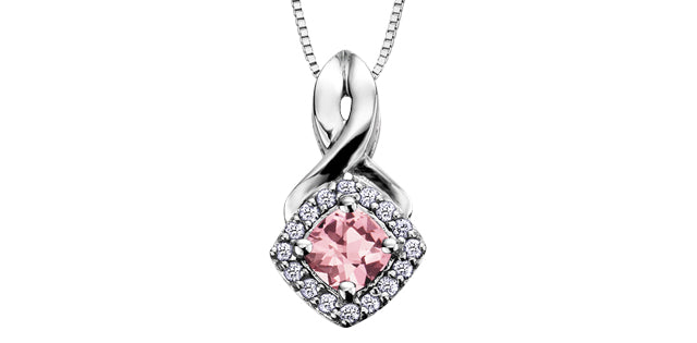 Cushion Cut Pink Tourmaline Diamond Halo Pendant in White Gold