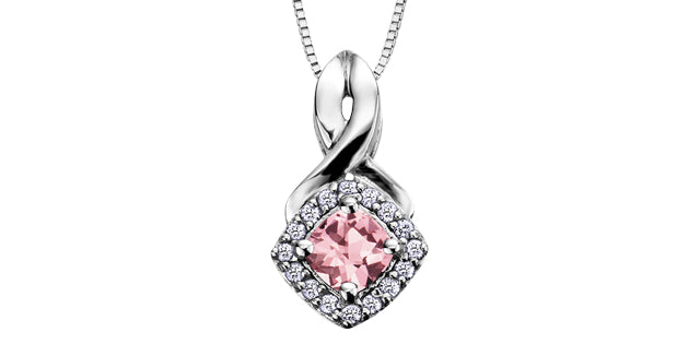 Cushion Cut Pink Tourmaline Diamond Halo Pendant in White Gold