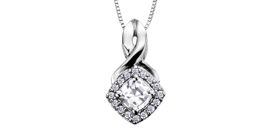 Cushion Cut C.Z Diamond Halo Pendant in White Gold