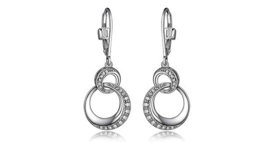 "HUG" RHODIUM PLATED DANGLE CIRCLE LINK LEVER BACK EARRING WITH CZ