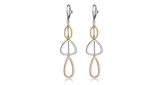 TRINITY 3TONE RHOD&ROSE& GOLD PLATED TRIPLE LINK DANGLE LEVER BACK EARRING. NO STONE