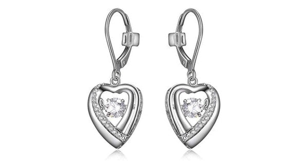 "AMOUR" RHODIUM PLATED HEART DANGLE EARRING WITH ROUND 4.5MM ROUND 3A CUBIC ZIRCONIA DANCING STONE