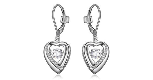 "AMOUR" RHODIUM PLATED HEART DANGLE EARRING WITH ROUND 4.5MM ROUND 3A CUBIC ZIRCONIA DANCING STONE