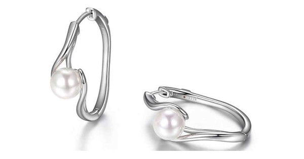 PEARLS RHODIUM PLATED 7MM GENUINE WHITE SHELL PEARL 26X20MM WAVY HOOP