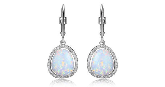 HALO RHODIUM PLATED 11.5X9.5MM SYNTHETIC OPAL AND 3A CUBIC ZIRCONIA HALO DANGLE EARRING WITH LEVERBACK