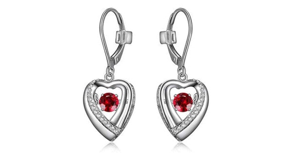 "AMOUR" RHODIUM PLATED HEART DANGLE EARRING WITH ROUND 4MM ROUND SYNTHETIC RUBY DANCING STONE