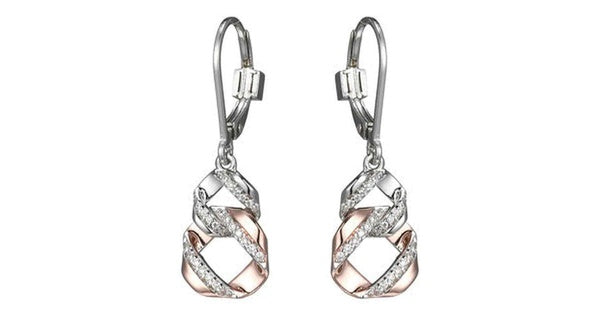 LATTICE INTERTWINED CIRCLE EARRINGS WITH CZ IN RHODIUM & ROSE GOLD PLATING..