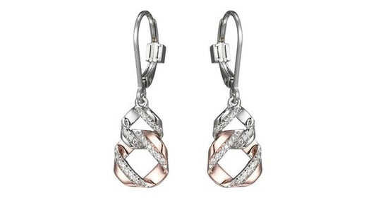 LATTICE INTERTWINED CIRCLE EARRINGS WITH CZ IN RHODIUM & ROSE GOLD PLATING..