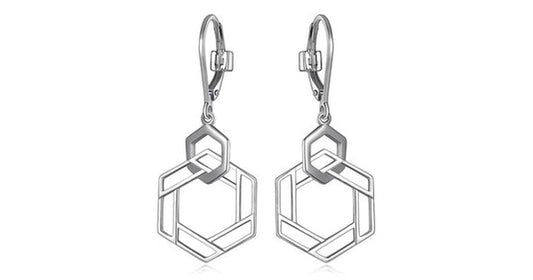 LATTICE RHODIUM PLATED INTERTWINED HEXAGON 21X15MM LEVERBACK DANGLE EARRING
