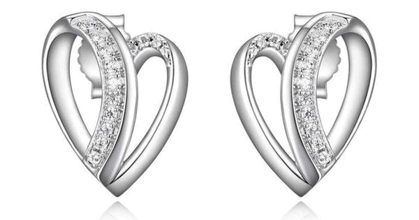 AMOUR RHODIUM PLATED OVERLAPING HEART STUD EARRING 15X11MM WITH CUBIC ZIRCONIA