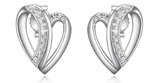 AMOUR RHODIUM PLATED OVERLAPING HEART STUD EARRING 15X11MM WITH CUBIC ZIRCONIA