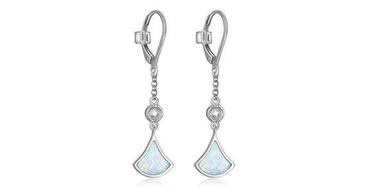 DELTA RHOD PLTD TRIANGULAR CREATED OPAL 8X1.25MM & 3MM ROUND CZ DANGLE EARRING