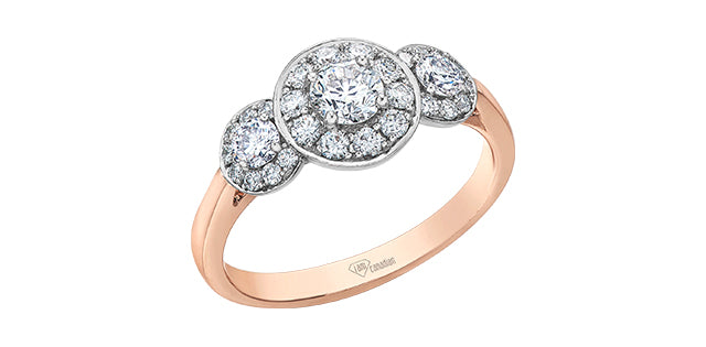 0.85 ct T.W Diamond 3-stones Halo Engagement Ring in 14K White Rose Gold