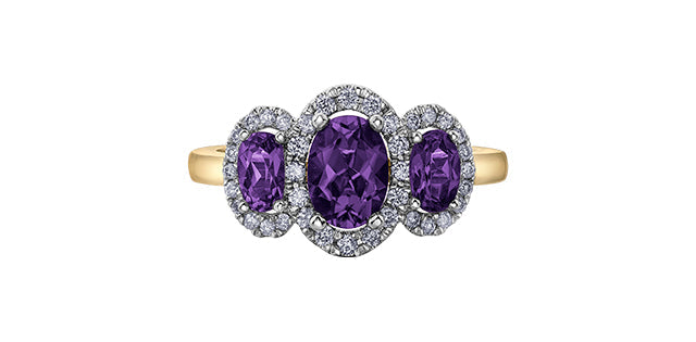 Halo 3-stones Amethyst 0.25 ct T.W Diamond Yellow & White Gold Ring