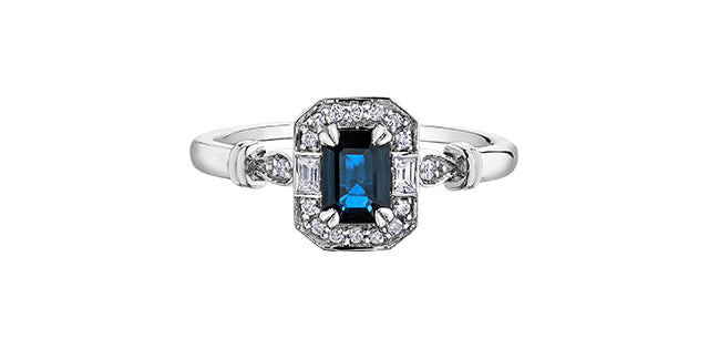 Blue & White Sapphire 0.08 ct T.W Diamond Cushion Vintage-style White Gold Ring