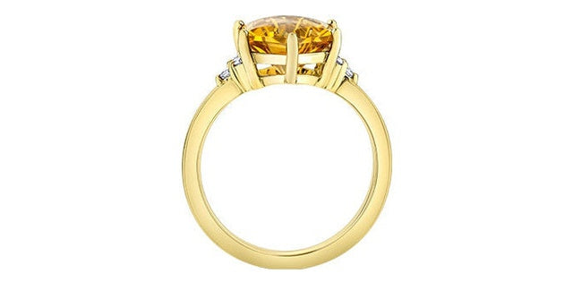 Hexagon Citrine 0.07 ct T.W Diamond Tri-stones Yellow Gold Ring