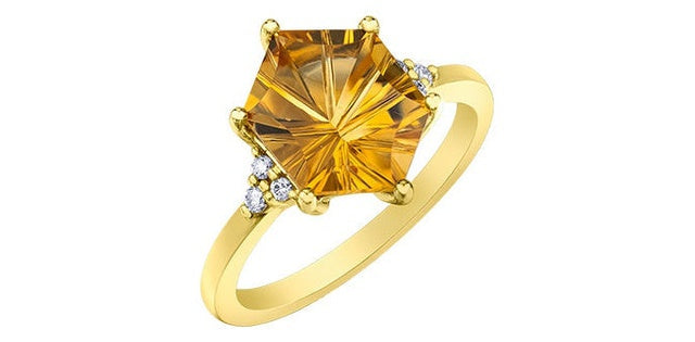 Hexagon Citrine 0.07 ct T.W Diamond Tri-stones Yellow Gold Ring