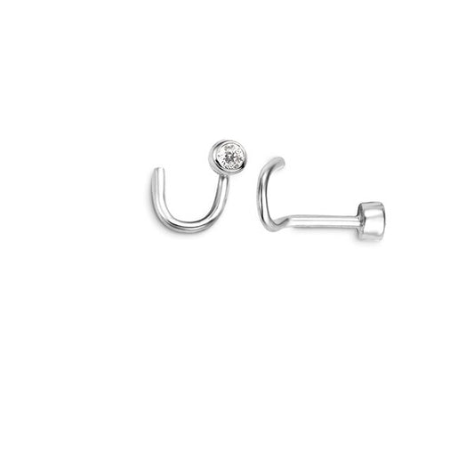 CZ Bezel Nose Stud Screw in 14K White Gold