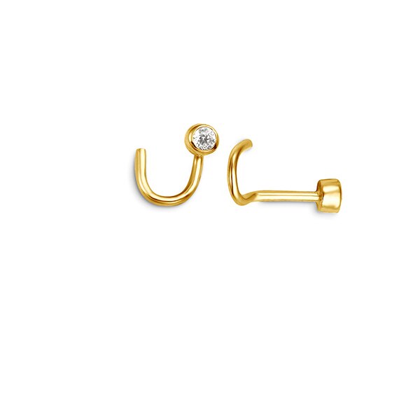 CZ Bezel Nose Stud Screw in 14K Yellow Gold