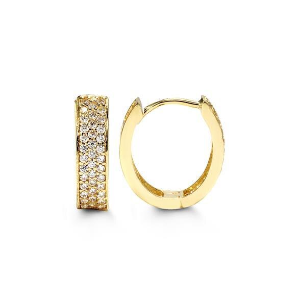 C.Z Huggies Triple Pave Yellow Gold Earrings