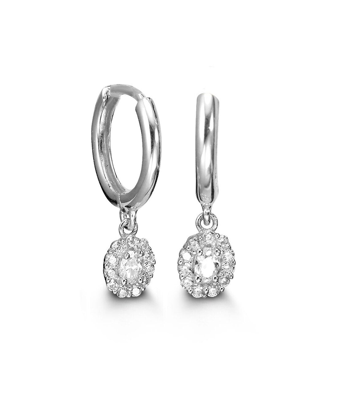 Halo C.Z. Shiny Polishl White Gold Lux Drop Earrings