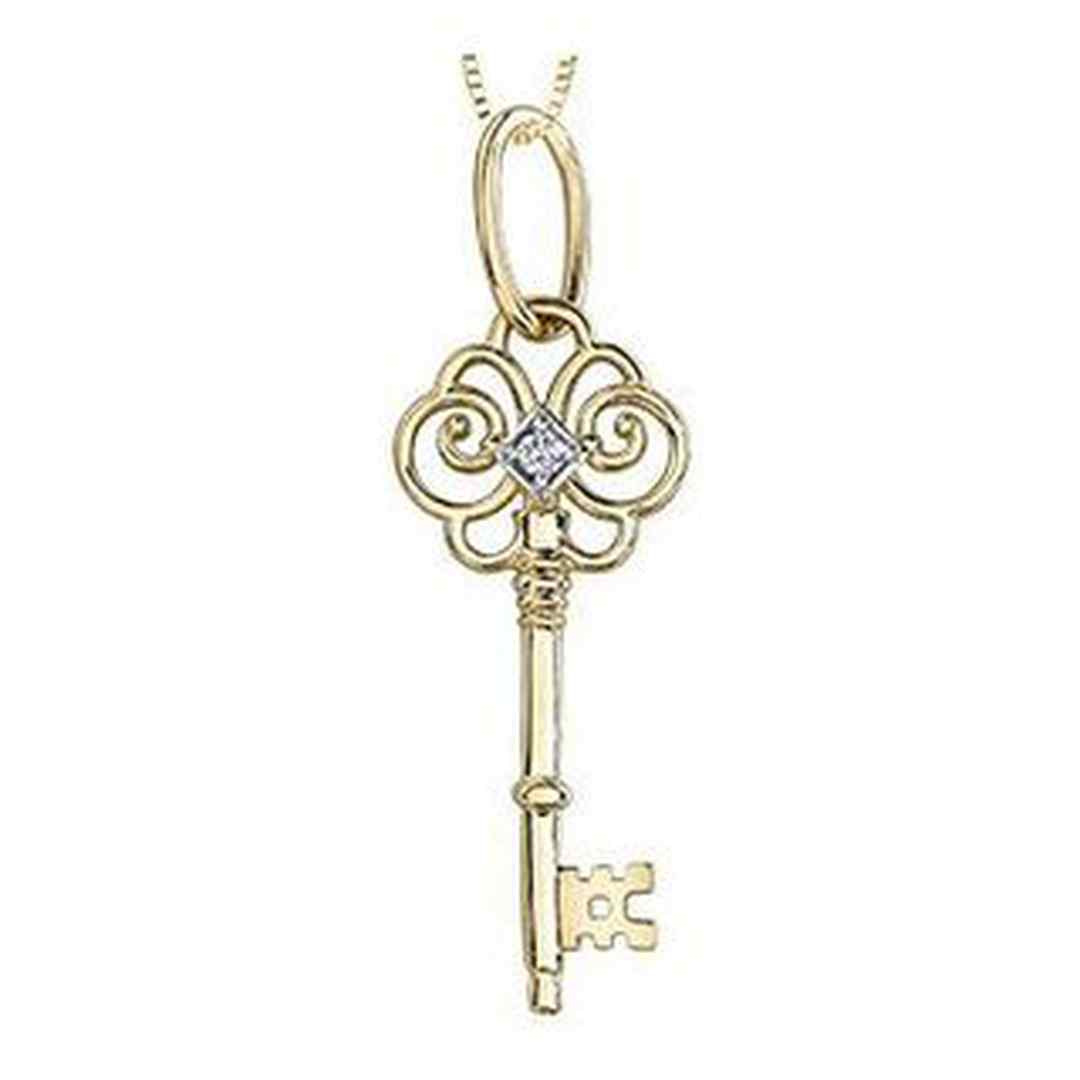 10K Yellow Gold Canadian Diamond (0.02 ct T.W.) Golden Key Necklace