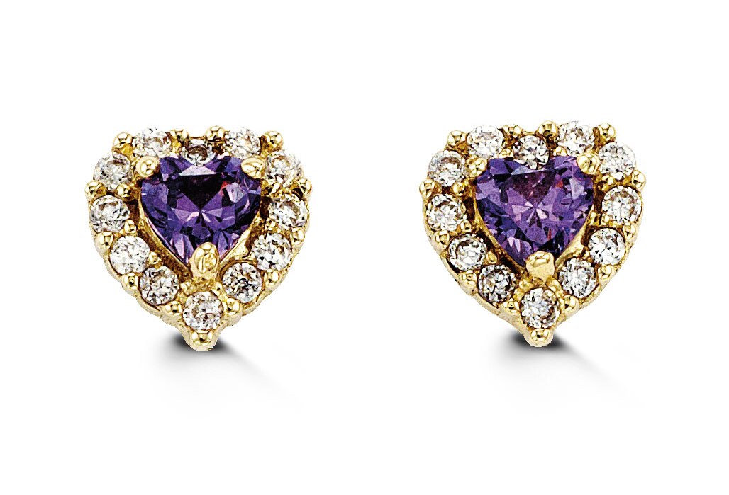Baby Purple Heart Halo Studs in 14k Yellow Gold