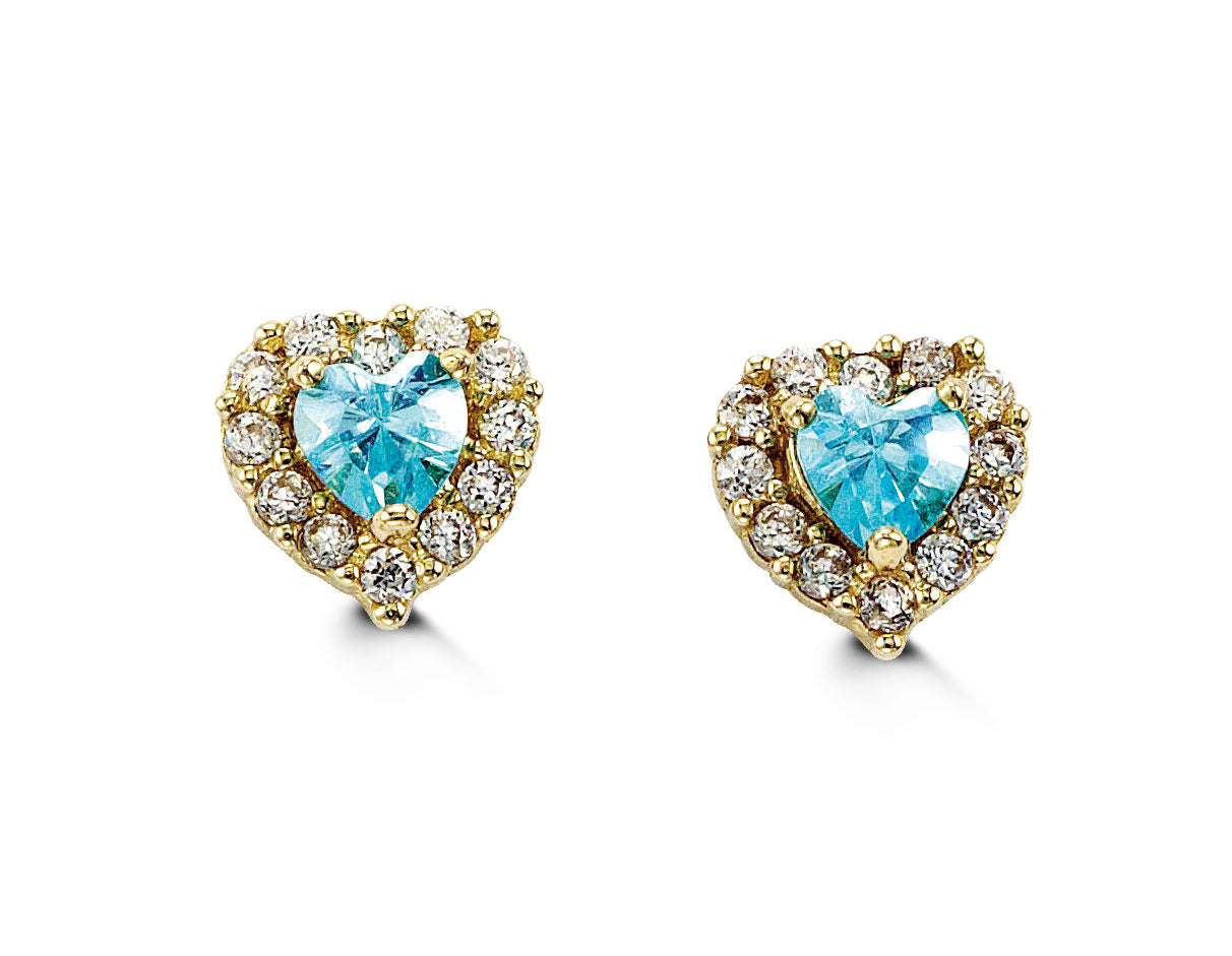 Baby Light Blue Heart Halo Studs in 14k Yellow Gold