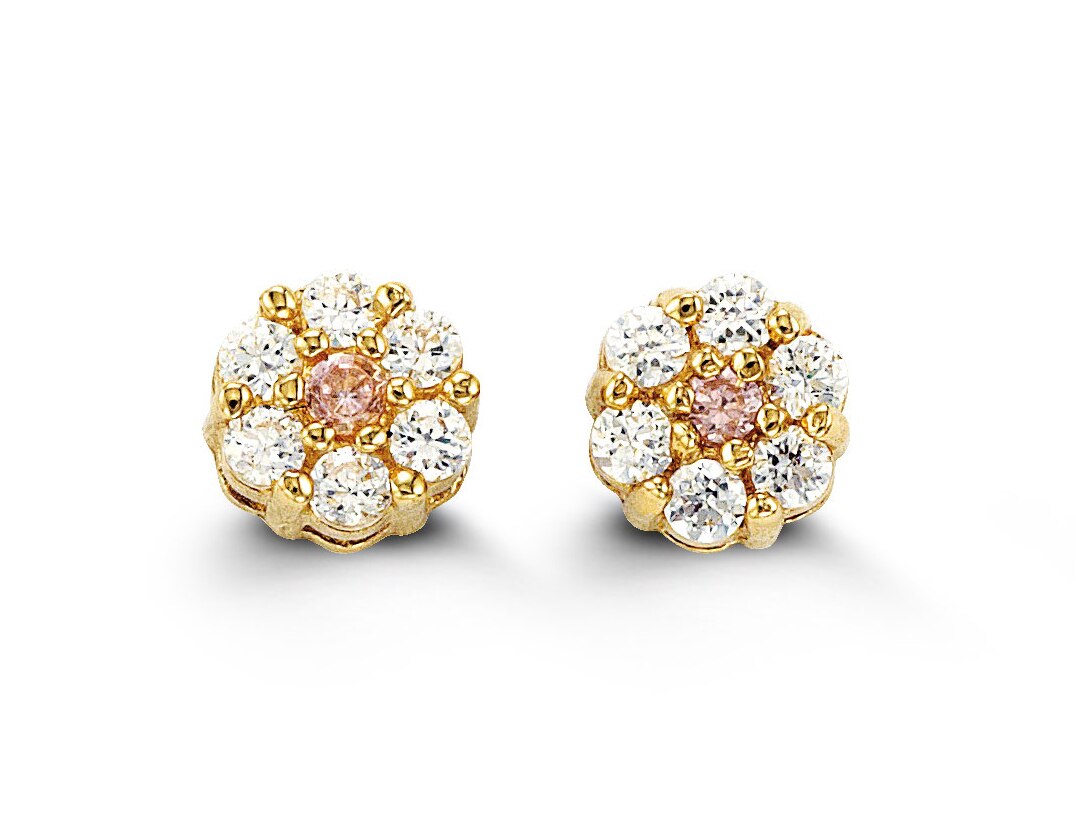 Baby Pink Flower Halo Studs in 14k Yellow Gold