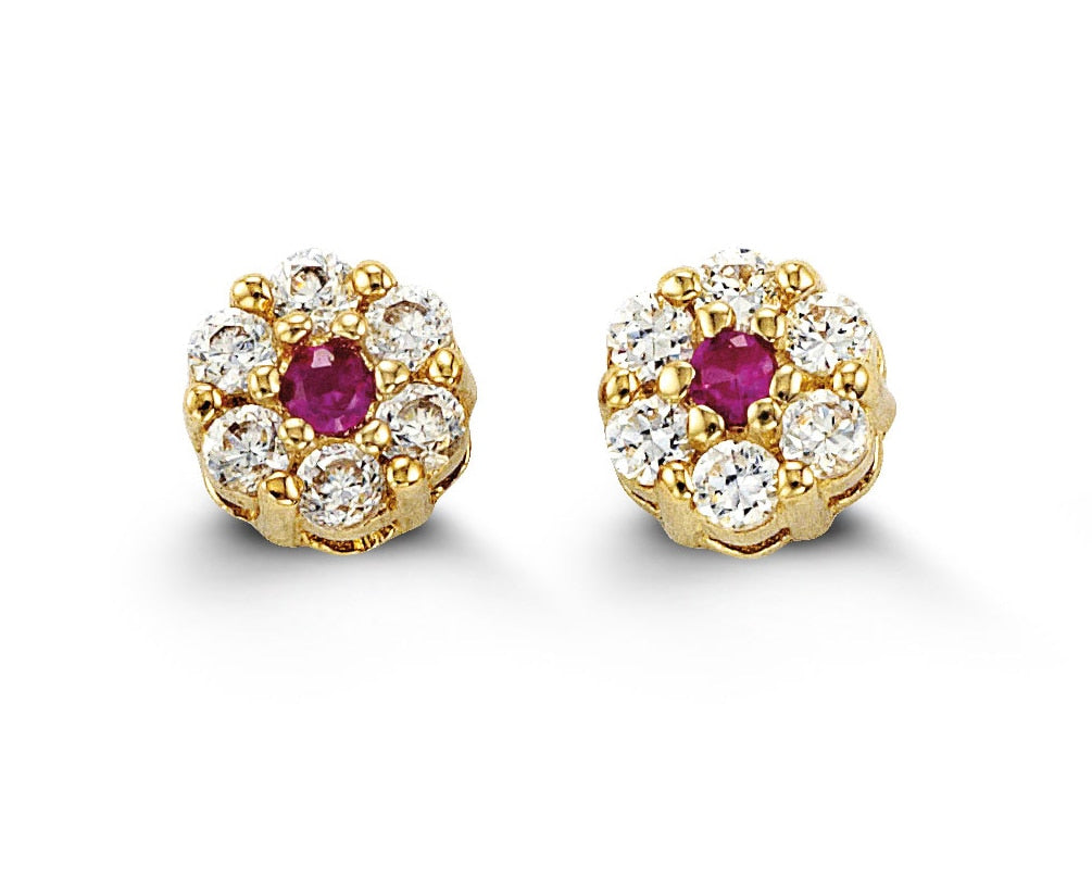 Baby Red Flower Halo Studs in 14k Yellow Gold