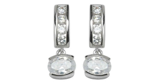 Sterling Silver Rhodium Plated Oval Drop Cubic Zirconia Earring. Stone size: 7x5(mm)