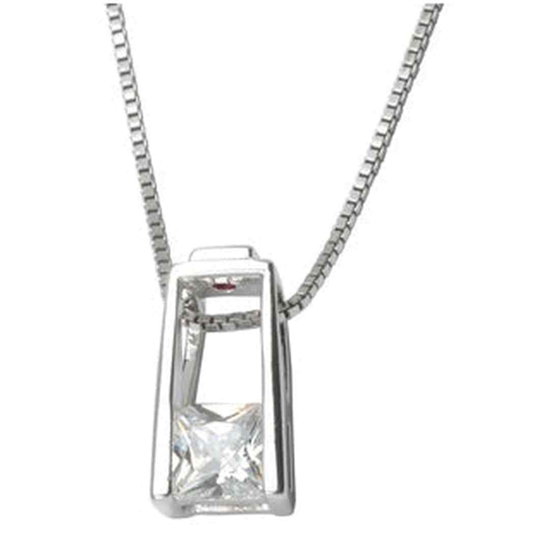 Sterling Silver Rhodium Plated Solitaire Cubic Zirconia Pendant with Box Chain 18". Stone size: 5(mm)