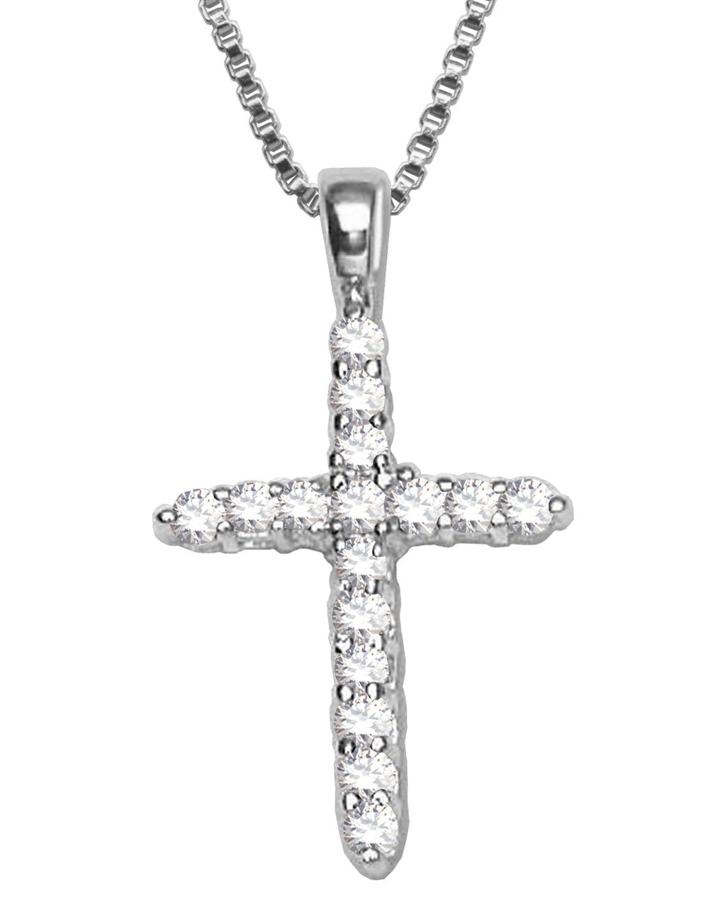 Sterling Silver Rhodium Plated Cubic Zirconia Cross Pendant with Box Chain 18"