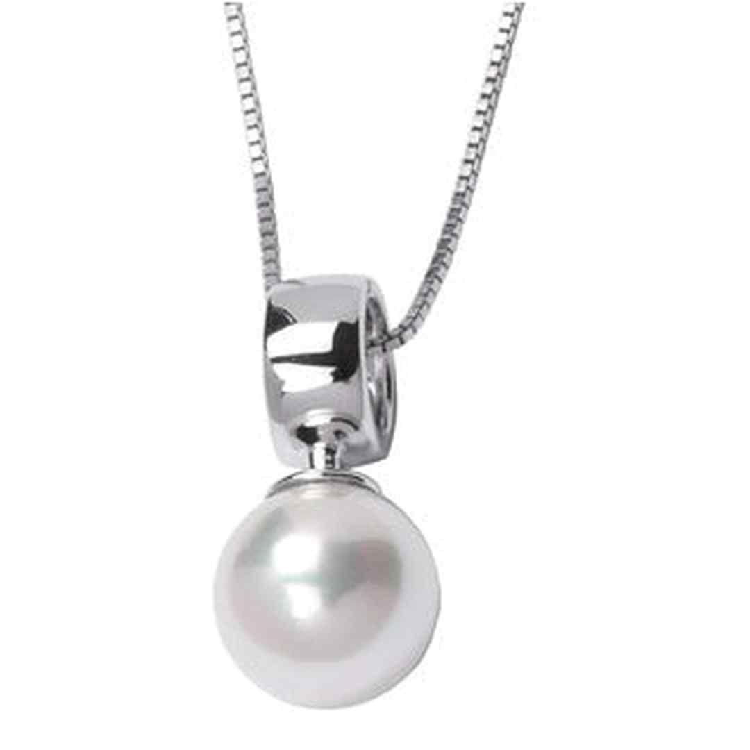 Sterling Silver Rhodium Plated Genuine Pearl Shell Pendant with Box Chain 18". Stone size: 10(mm)