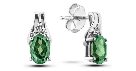 May Birthstone 0.02TW Diamond 10K White Gold Earrings - Emerald