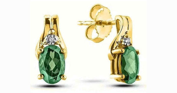 May Birthstone 0.02TW Diamond 10K Yellow Gold Earrings - Emerald