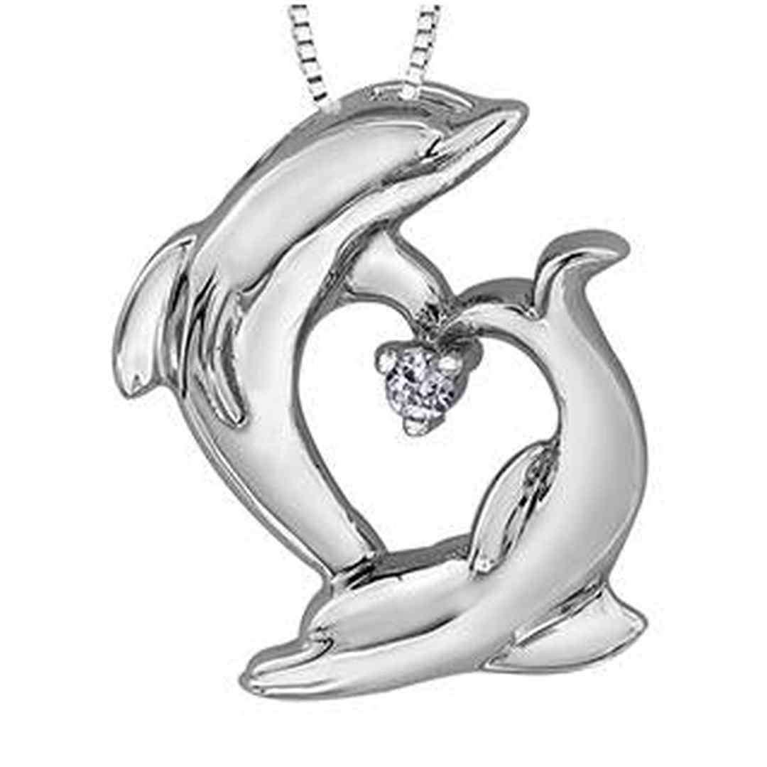 10K White Gold Diamond Accent Dophins Necklace